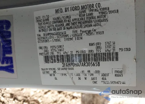 2010 Ford Fusion Se из США, поврежденный, VIN 3FAHP0HA7AR305658